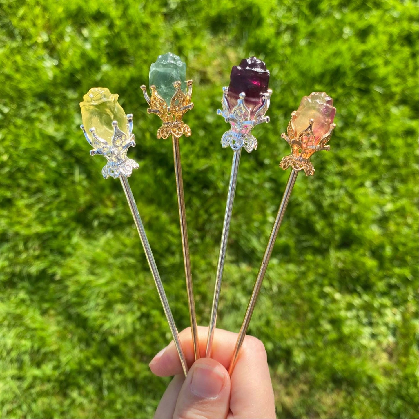palillos para el cabello de fluorita originales y mejor regalo para ayudar a tener el pelo recogido y con estilo, de plata y dorado
